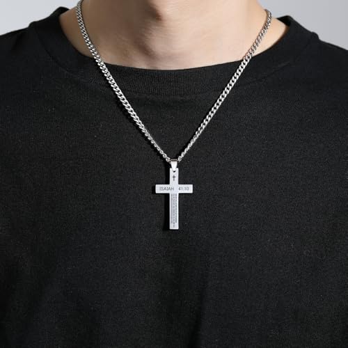 REVEMCN Inspirational Bible Verse Cross Necklace for Men Boys, Stainless Steel Plain Black Silver Cross Pendant Necklace for Men 20-24 Inches Curb Chain Faith Jewelry Gift (Isaiah 41:10 - Silver, 20) - Image 5