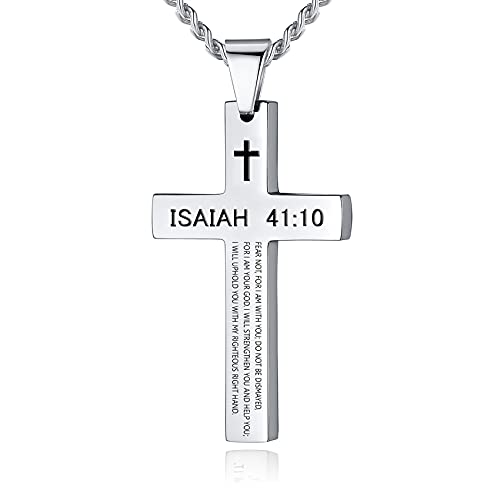 REVEMCN Inspirational Bible Verse Cross Necklace for Men Boys, Stainless Steel Plain Black Silver Cross Pendant Necklace for Men 20-24 Inches Curb Chain Faith Jewelry Gift (Isaiah 41:10 - Silver, 20) - Image 1