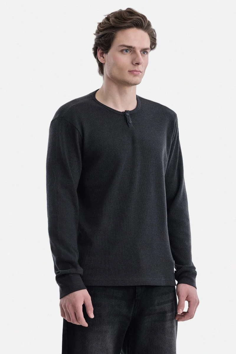 سنيتش Dark Grey Ribbed Long Sleeve Regular Fit T-Shirt