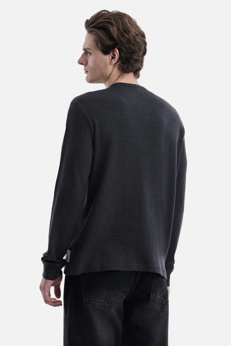 SNITCH Dark Grey Dark Grey Ribbed Long Sleeve Regular Fit T-Shirt for Men | Best Price UAE