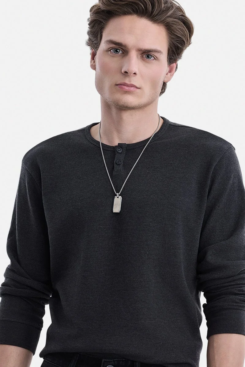 SNITCH Dark Grey Dark Grey Ribbed Long Sleeve Regular Fit T-Shirt for Men | Best Price UAE