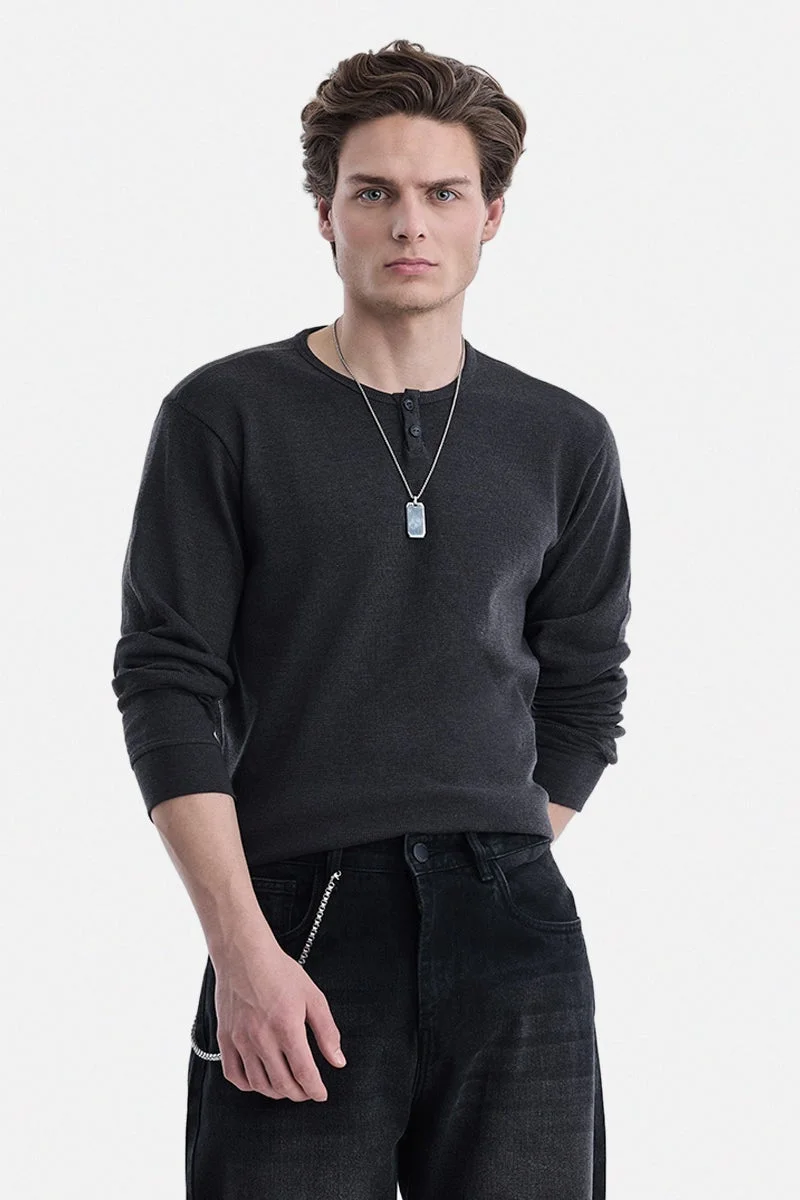 SNITCH Dark Grey Dark Grey Ribbed Long Sleeve Regular Fit T-Shirt for Men | Best Price UAE