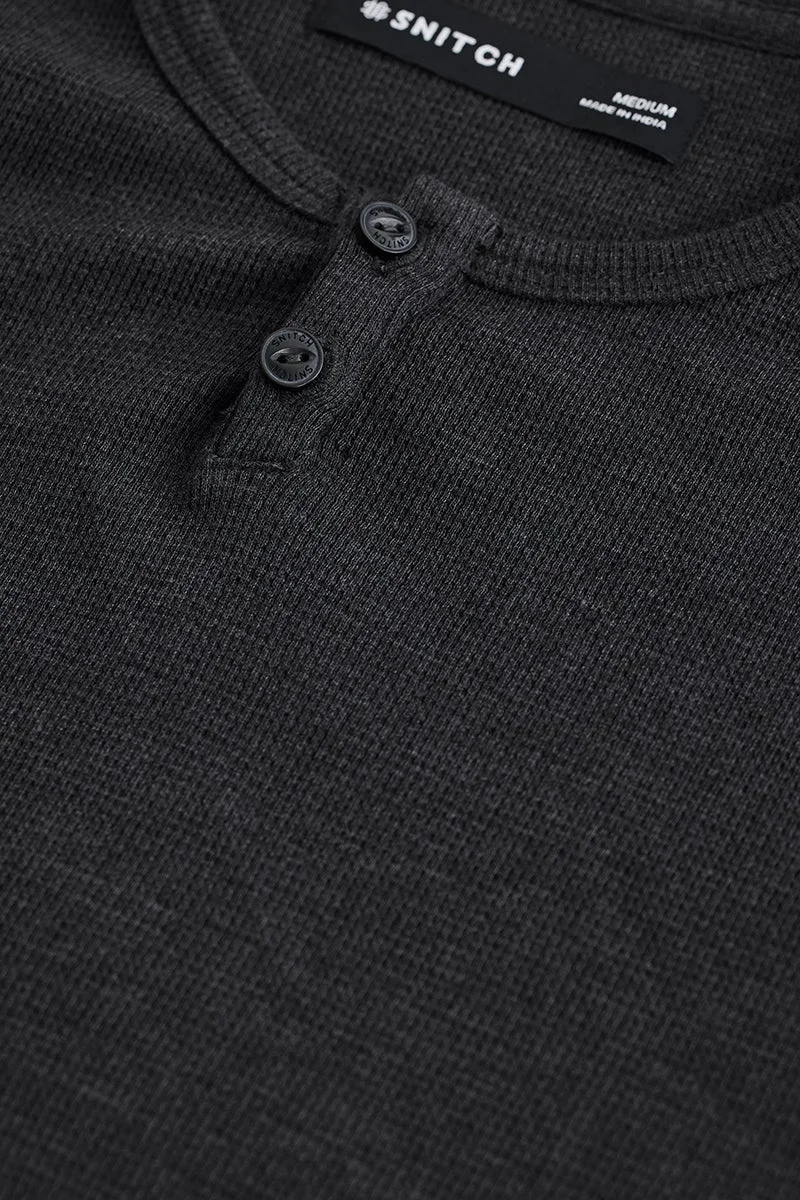 SNITCH Dark Grey Dark Grey Ribbed Long Sleeve Regular Fit T-Shirt for Men | Best Price UAE