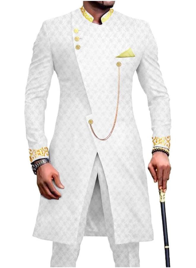 African Men Traditional Suit Dashiki Coats Chain Jacket and Pants Gold Embroidery Outwear Outfits for Wedding Evening