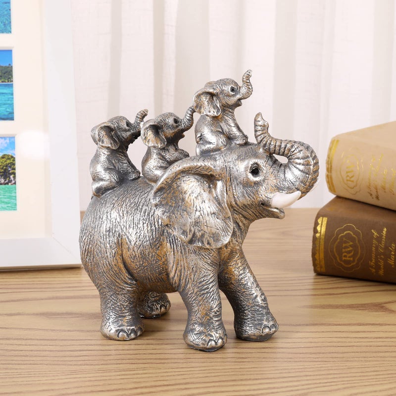 FriyGardcn Cute Silver Elephant Statue Good Luck Elephant Carries Three Calves on Its Back Figurines D?cor for Shelf Good Gifts for Elephant Lovers Decoration for Living Room  Bedroom  Office - Image 2