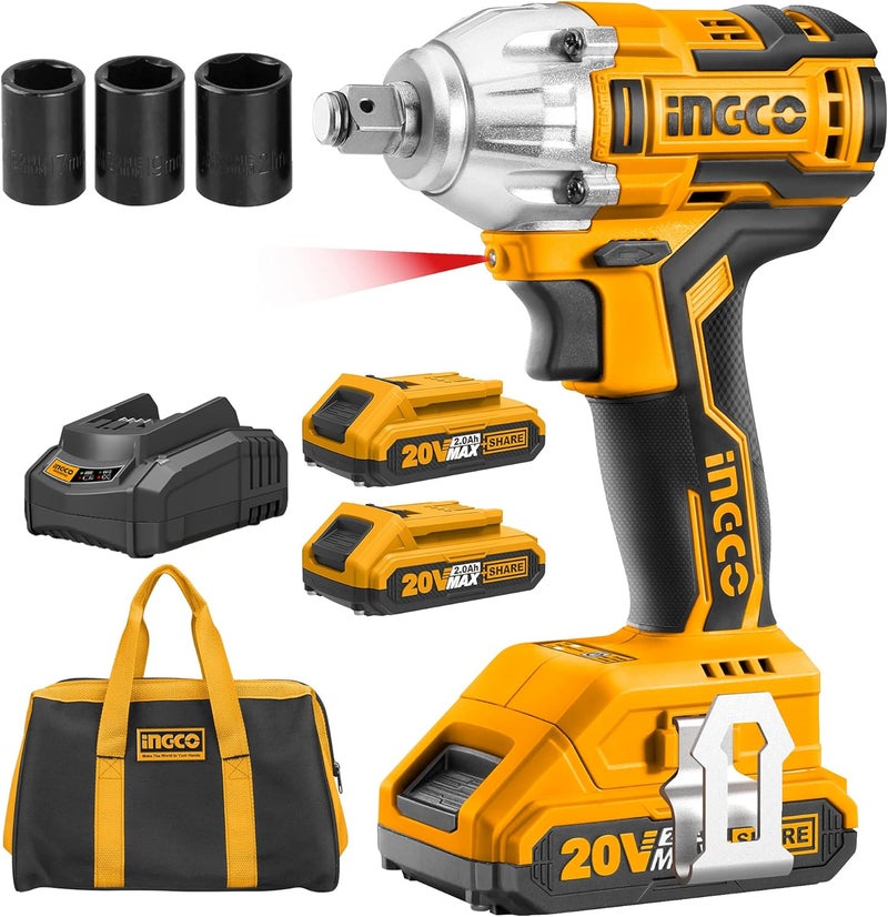 INGCO 20V Cordless Impact Wrench Set, 1/2 Inch Brushless Impact Wrench With 2Pcs Batteries 1Pc Hour Fast Charger 3Pcs Sockets 1Pc Bag Ciwli2001A - Image 1
