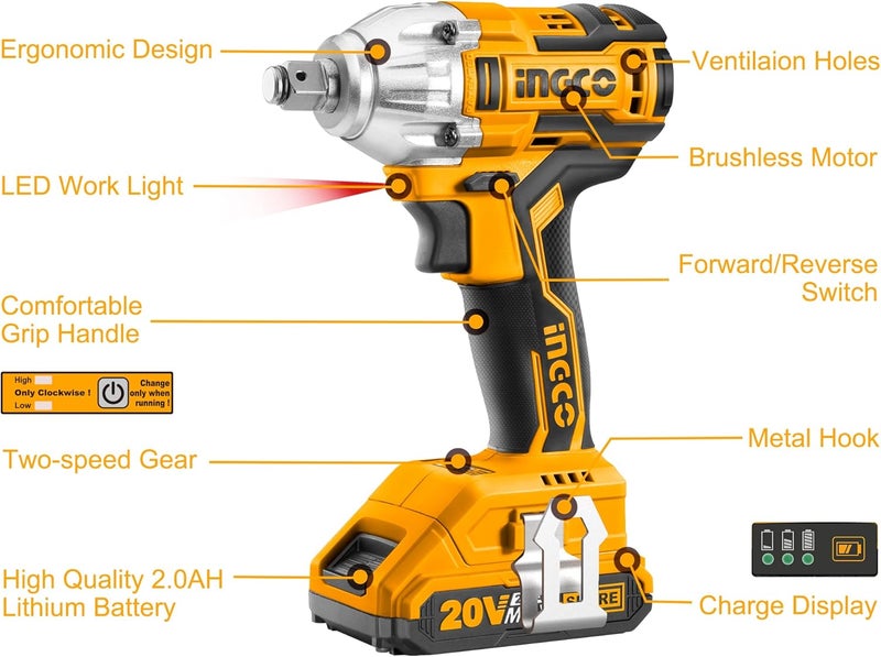 INGCO 20V Cordless Impact Wrench Set, 1/2 Inch Brushless Impact Wrench With 2Pcs Batteries 1Pc Hour Fast Charger 3Pcs Sockets 1Pc Bag Ciwli2001A - Image 5