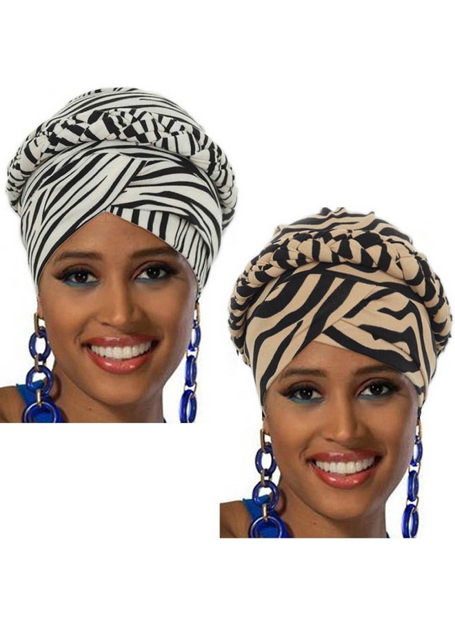 Woeoe - African Turban Head Wraps Beige Leopard Print Chemo Hat Cap Braid Pre-Tied Head Cover Cap Headwear For Women And Girls(2 Pieces) - Image 1