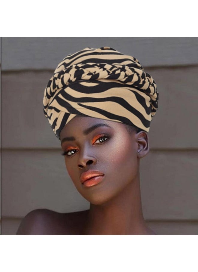 Woeoe - African Turban Head Wraps Beige Leopard Print Chemo Hat Cap Braid Pre-Tied Head Cover Cap Headwear For Women And Girls(2 Pieces) - Image 1