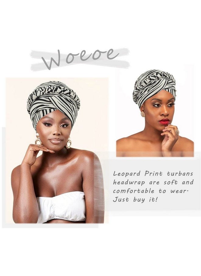Woeoe - African Turban Head Wraps Beige Leopard Print Chemo Hat Cap Braid Pre-Tied Head Cover Cap Headwear For Women And Girls(2 Pieces) - Image 1