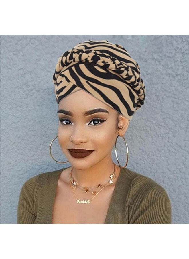 Woeoe - African Turban Head Wraps Beige Leopard Print Chemo Hat Cap Braid Pre-Tied Head Cover Cap Headwear For Women And Girls(2 Pieces) - Image 1