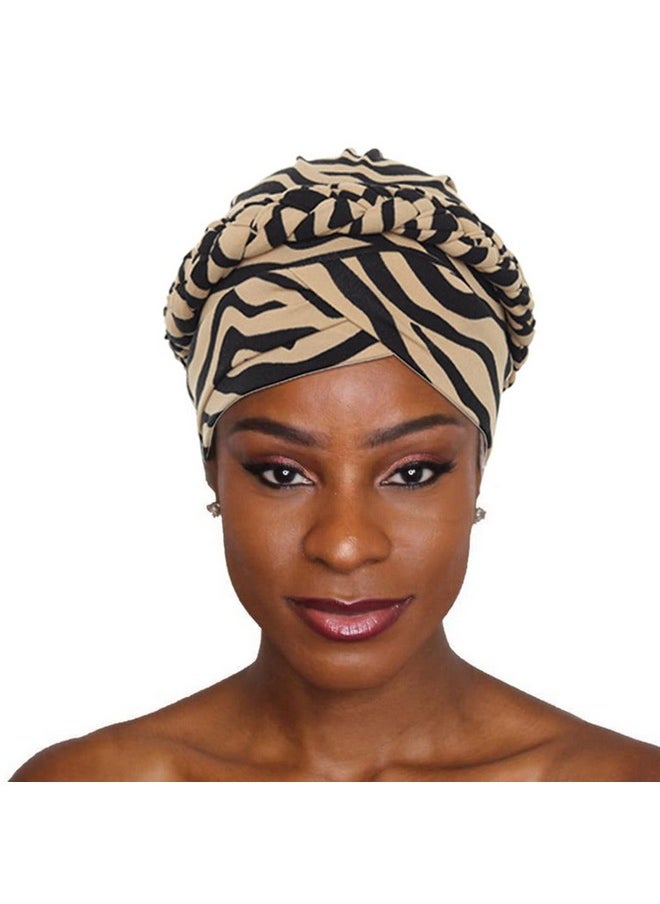 Woeoe - African Turban Head Wraps Beige Leopard Print Chemo Hat Cap Braid Pre-Tied Head Cover Cap Headwear For Women And Girls(2 Pieces) - Image 1