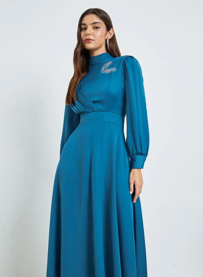 Styli  Teal Embellished Cuff Sleeves Maxi Dress for Women | Best Price UAE