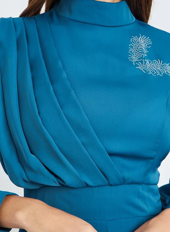 Styli  Teal Embellished Cuff Sleeves Maxi Dress for Women | Best Price UAE