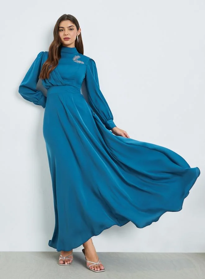 Teal Embellished Cuff Sleeves Maxi Dress