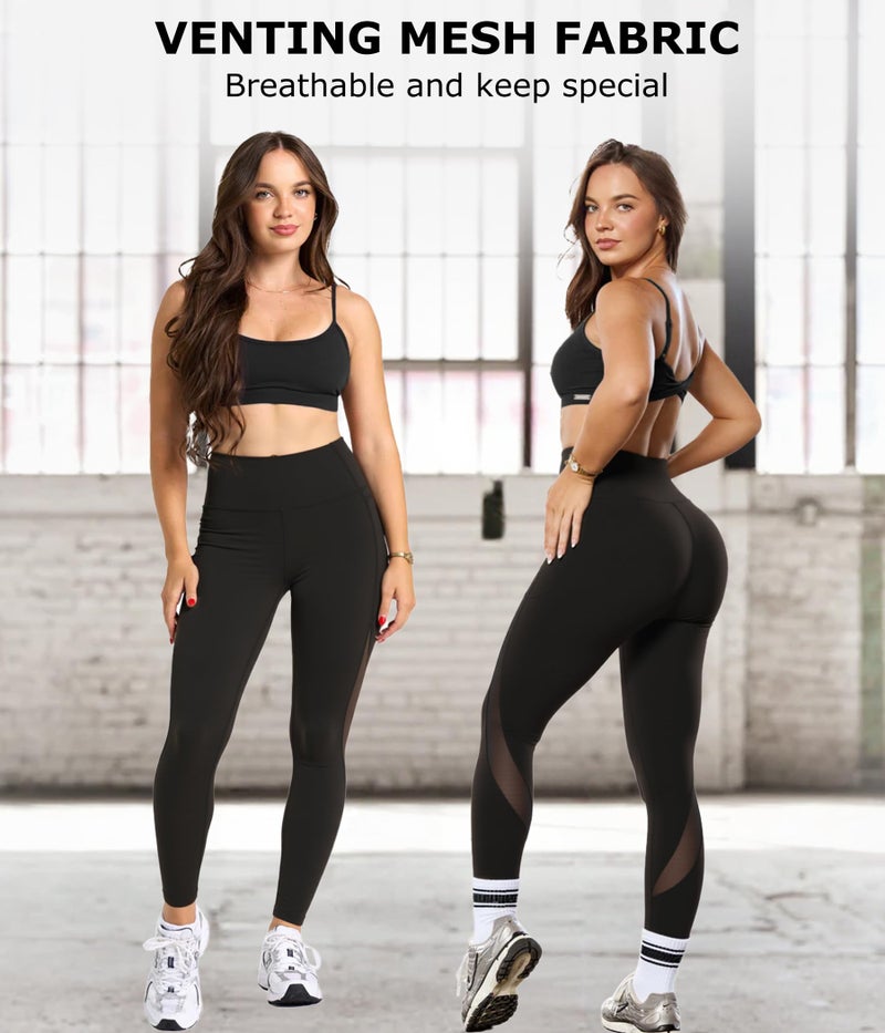 TrainingGirl Mesh Leggings for Women High Waisted Yoga Pants Workout Running Printed Leggings Gym Sports Tights with Pockets (Black, Medium) - Image 2