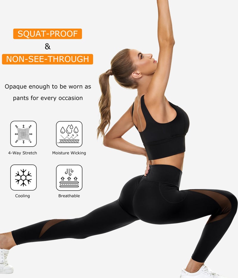 TrainingGirl Mesh Leggings for Women High Waisted Yoga Pants Workout Running Printed Leggings Gym Sports Tights with Pockets (Black, Medium) - Image 4