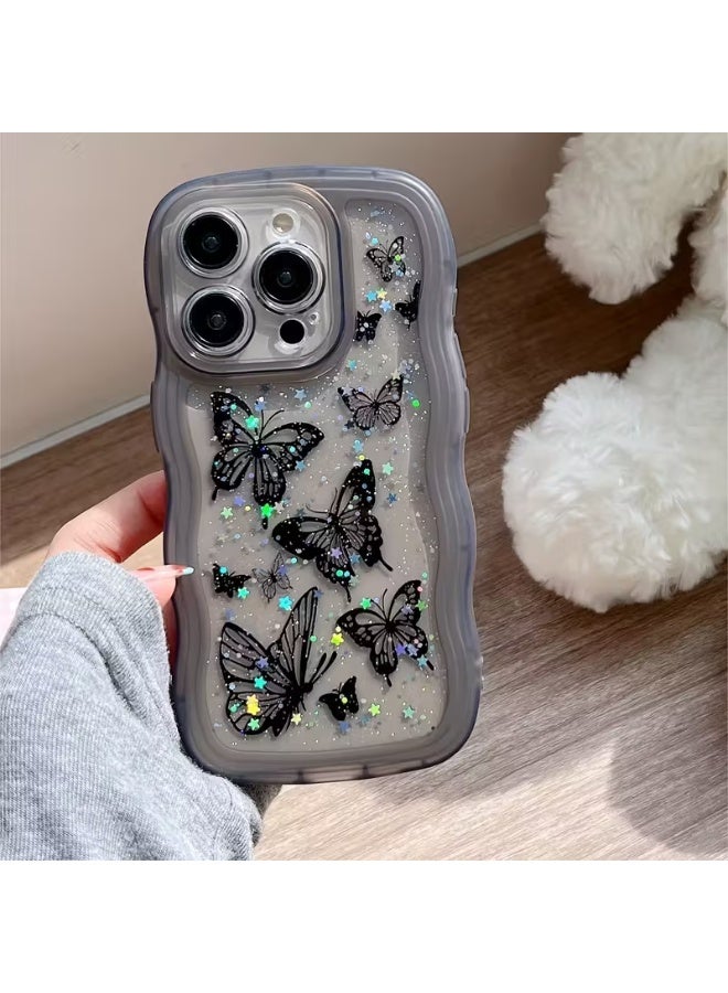Temu A clear matte phone case with a glitter butterfly design and wavy edges to reduce impact. Scratch-resistant and provides full camera lens protection. Compatible with iPhone 16 Pro Max.
