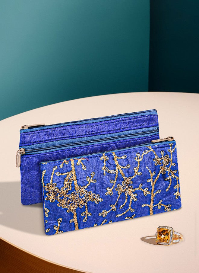 Kuber Industries Set Of 2 Floral Embroidered Purse Clutches in Blue and Gold - Image 1