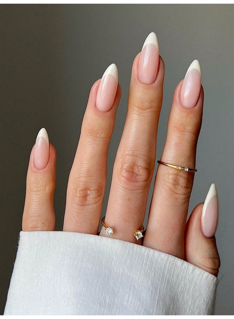 Suerte Press On Nails Almond Solid Color Gradient Glossy 24pcs Press On French Nails Medium Natural classical french White Manicure, Fake acrylic nails with glue kit - Image 1