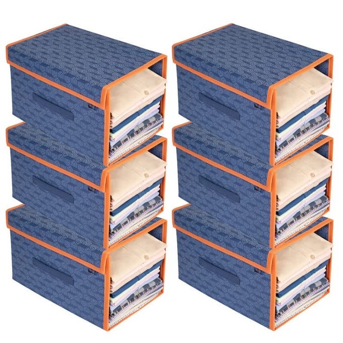 SET OF 6 PRINTED SHIRT STACKER FOLDABLE STORAGE ORGANIZER WITH LID FOR WARDROBE ALMIRAH NAVY BLUE WITH ORANGE BORDER NONWOVEN