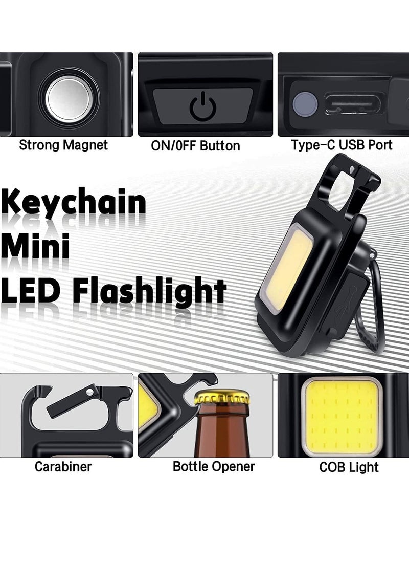 COB Small Flashlights, 800Lumens Bright Rechargeable Keychain Mini Flashlight 4 Light Modes Portable Pocket Light with Folding Bracket Bottle Opener and Magnet Base