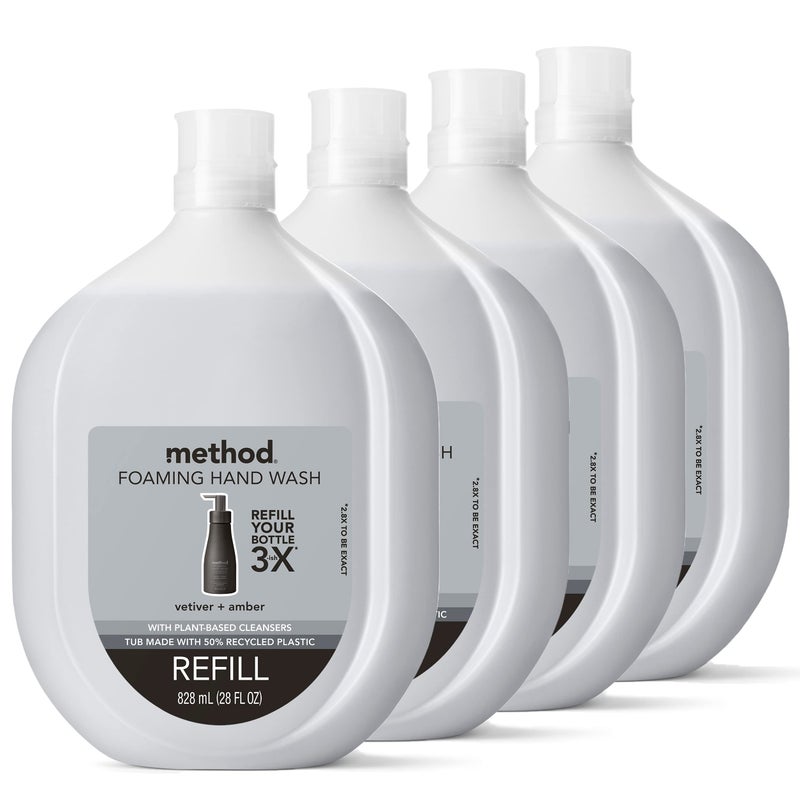 Method Premium Foaming Hand Wash Refill Vetiver  Amber Recyclable Bottles Biodegradable Formula 28 fl oz Pack of 4 Packaging May Vary
