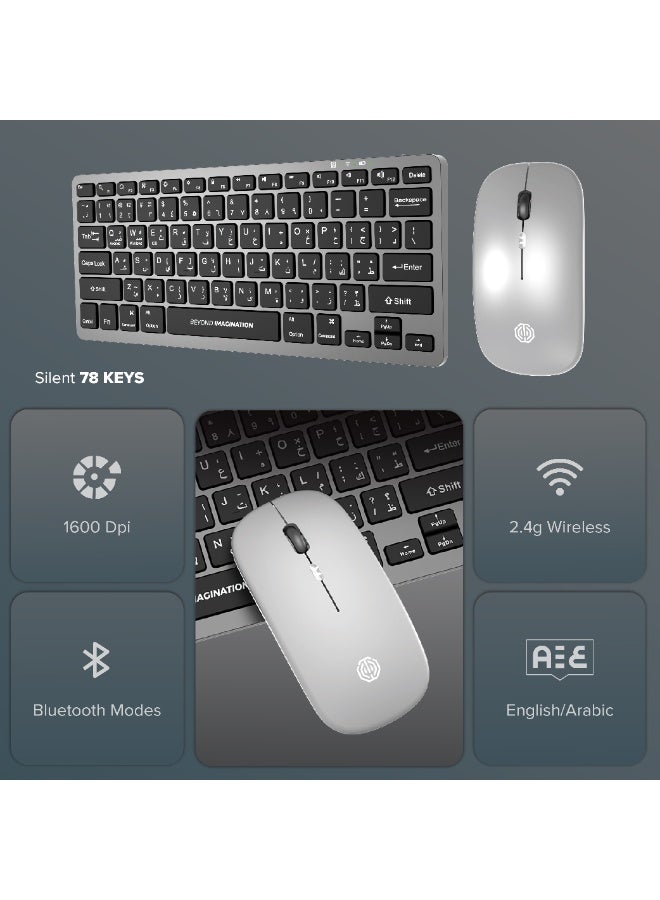 Trands Octo Type & Scroll Rechargeable Wireless Keyboard and Mouse Combo with 2.4GHz USB & Bluetooth Dual Mode, 78 Keys English/Arabic Layout - TR-KB523 - Image 2