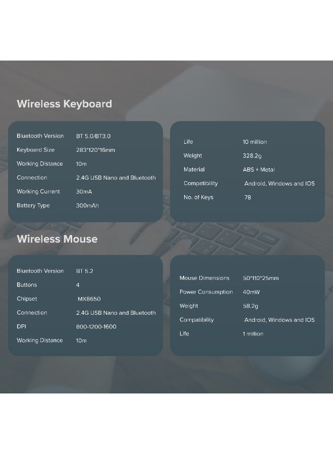 Trands Octo Type & Scroll Rechargeable Wireless Keyboard and Mouse Combo with 2.4GHz USB & Bluetooth Dual Mode, 78 Keys English/Arabic Layout - TR-KB523 - Image 5