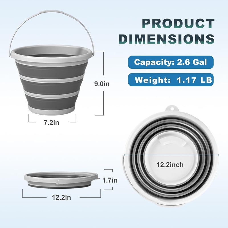 Gronivex Collapsible Bucket with Handle, 2.6 Gallon (10 Liters) Capacity, Household Cleaning Bucket, Suitable for Indoor and Outdoor Use, Camping,Gray and White - Image 2