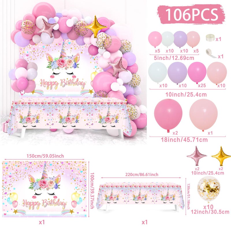 Netnology Unicorn Birthday Decorations for Girls,118pcs Unicorn Theme Party Decorations with Balloon Garland Arch Kit Backdrop and Tablecloth for Girls Women Birthday Party Supplies(Pink) - Image 2