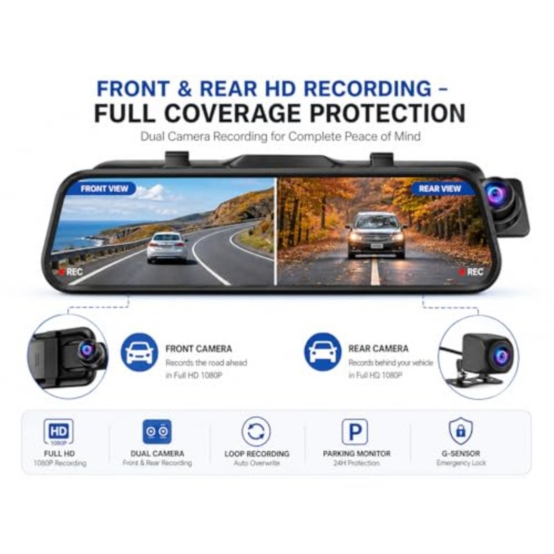 Smart Rearview Mirror Dash Cam Front Rear 10 Dual HD Cameras, 170 Wide Angle, Night Vision, G-Sensor, Parking Mode, Loop Recording, Anti-Glare Display, Motion Detection, Anti-Glar - Image 3