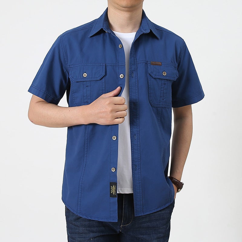 95 Cotton Mens Oxford Spinning Shirt Mens Short-sleeved Summer Thin Clothes Tactical Military Fan Workwear Casual Shirt Mens Beige White  - Image 5
