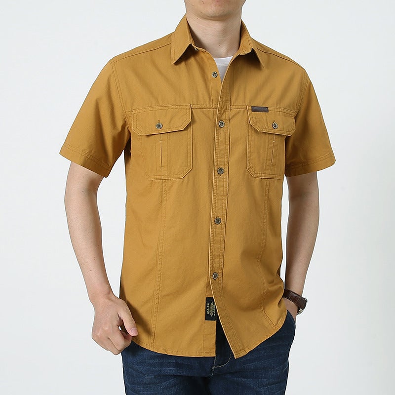 95 Cotton Mens Oxford Spinning Shirt Mens Short-sleeved Summer Thin Clothes Tactical Military Fan Workwear Casual Shirt Mens Beige White  - Image 2