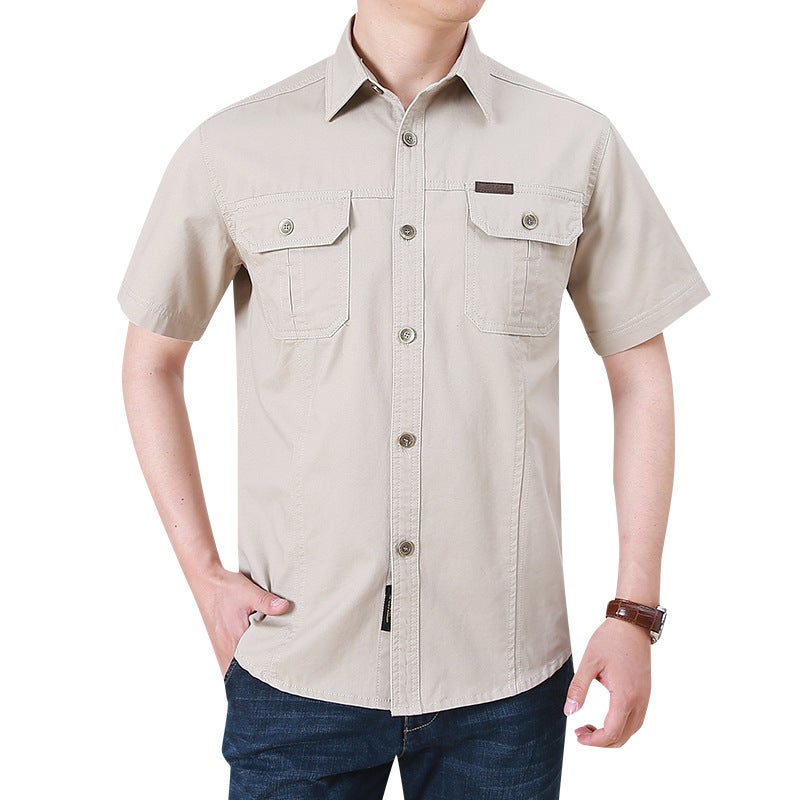 95 Cotton Mens Oxford Spinning Shirt Mens Short-sleeved Summer Thin Clothes Tactical Military Fan Workwear Casual Shirt Mens Beige White  - Image 1