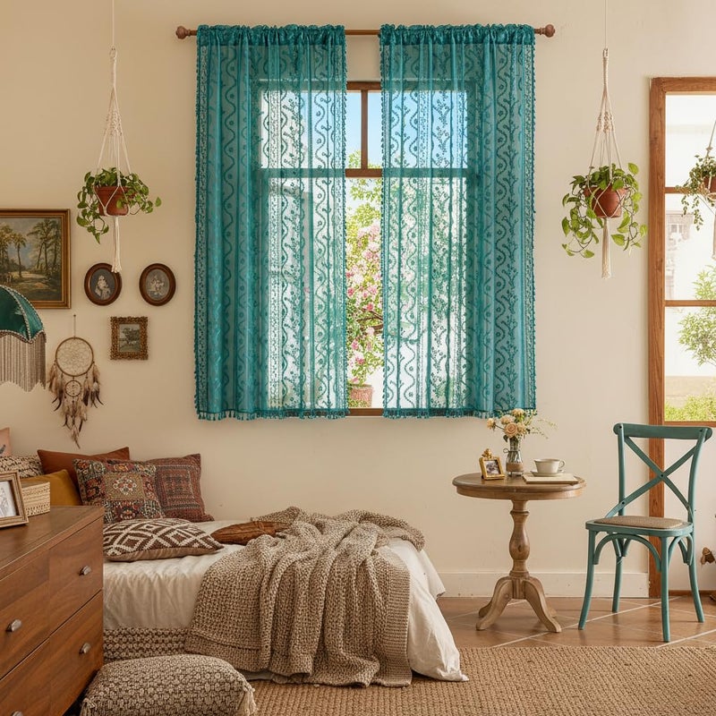 WAZZIO Turquoise Sheer Curtains 2 Panel (Set of 2, W52 xL63),Rod Pocket Boho Tassel Vintage Floral Pattern Lace Drapes,Non See Through Sheer Coastal Tropical Summer Curtains for Bedroom Living Room - Image 2