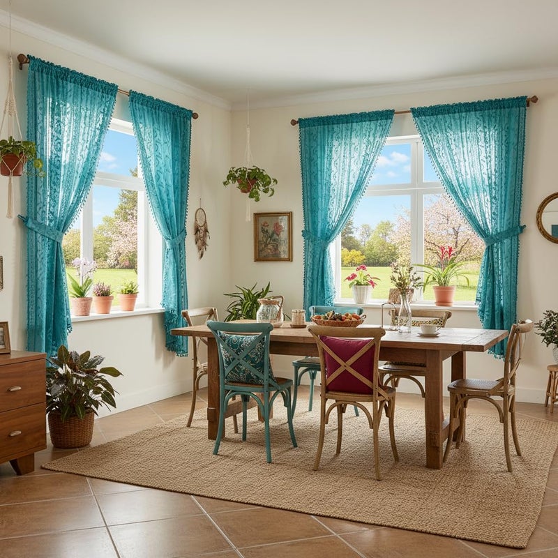 WAZZIO Turquoise Sheer Curtains 2 Panel (Set of 2, W52 xL63),Rod Pocket Boho Tassel Vintage Floral Pattern Lace Drapes,Non See Through Sheer Coastal Tropical Summer Curtains for Bedroom Living Room - Image 3