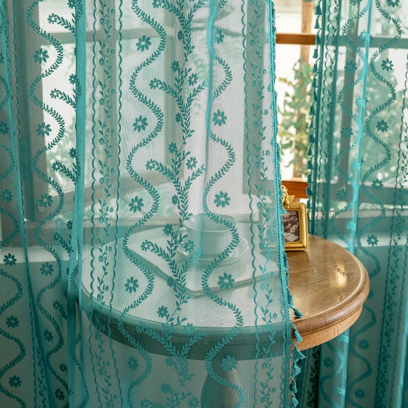 WAZZIO Turquoise Sheer Curtains 2 Panel (Set of 2, W52 xL63),Rod Pocket Boho Tassel Vintage Floral Pattern Lace Drapes,Non See Through Sheer Coastal Tropical Summer Curtains for Bedroom Living Room - Image 1