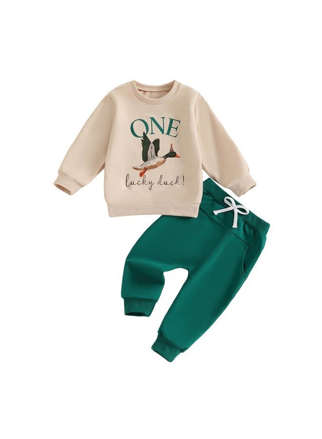 Frietlebird Baby Boy First Birthday Outfit Long Sleeve One Year Birthday Sweatshirt and Pants Sets Cake Smash Outfit 2Pcs, C-beige Green, 12-18 months - Image 1