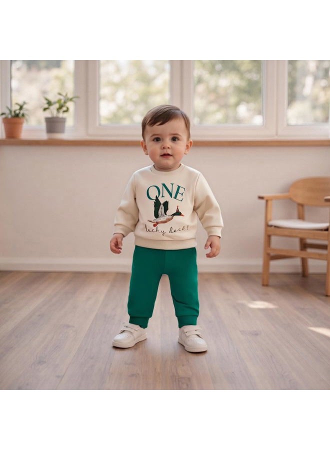Frietlebird Baby Boy First Birthday Outfit Long Sleeve One Year Birthday Sweatshirt and Pants Sets Cake Smash Outfit 2Pcs, C-beige Green, 12-18 months - Image 3