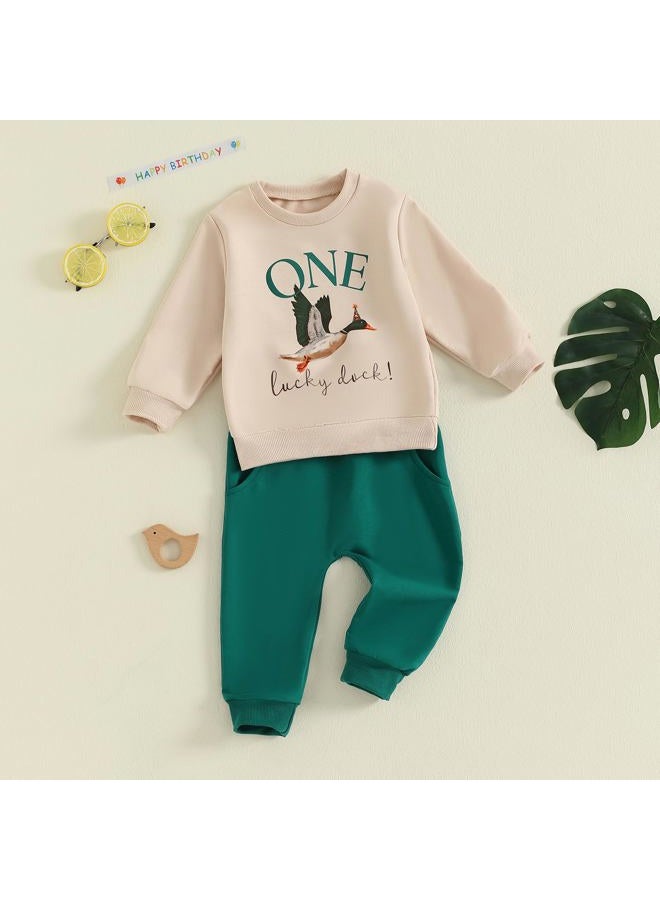 Frietlebird Baby Boy First Birthday Outfit Long Sleeve One Year Birthday Sweatshirt and Pants Sets Cake Smash Outfit 2Pcs, C-beige Green, 12-18 months - Image 2