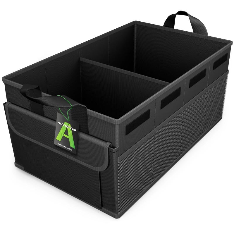 AUTOPTIM Car Trunk Organizer - 60L Collapsible Car Organizer with Non Slip Bottom for Groceries, Trunk Storage with Base Panel for SUV Sedan Van, 2 Compartments (Black, Medium) - Image 1