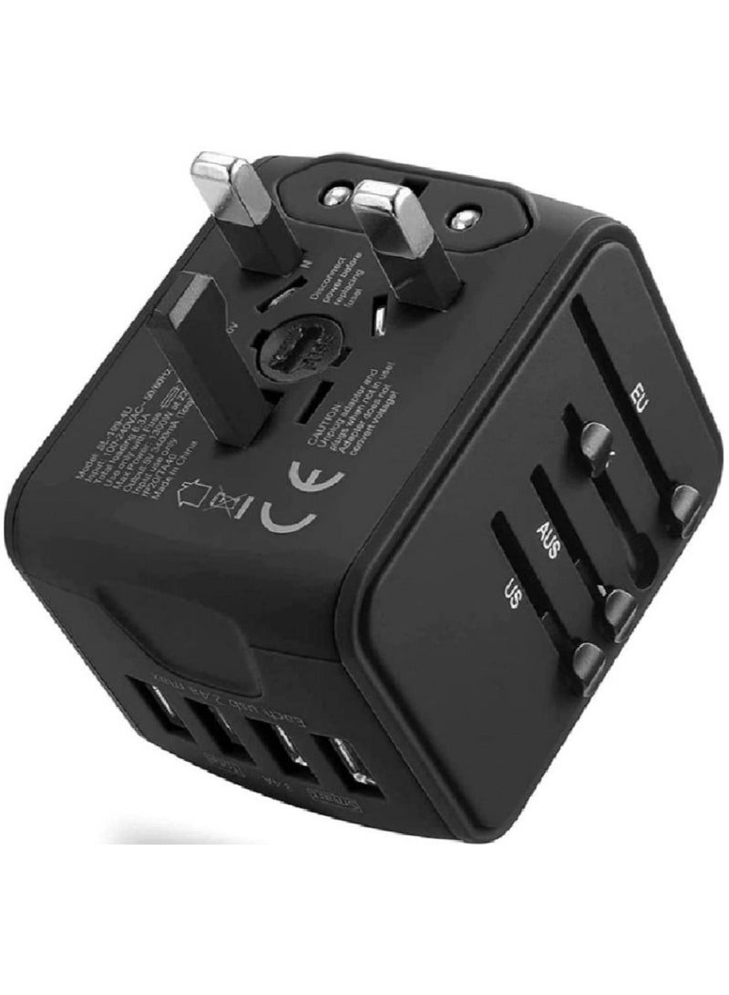 Universal International Travel Power Adapter, With 3 USB + 1 Type C Charging Ports, European Adapter, Worldwide AC Outlet Plugs Adapters For Europe / UK / US/ AU, Black - Image 1