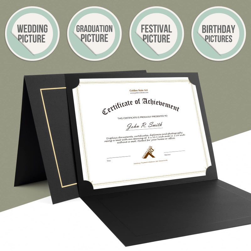 Golden State Art Golden State Art  Pack of 10  8.5X11 Photo Folders  Cardboard Picture Frame  Special for Certificate Document Holders  Diploma Award Holders(Black with Gold Lining) - Image 2