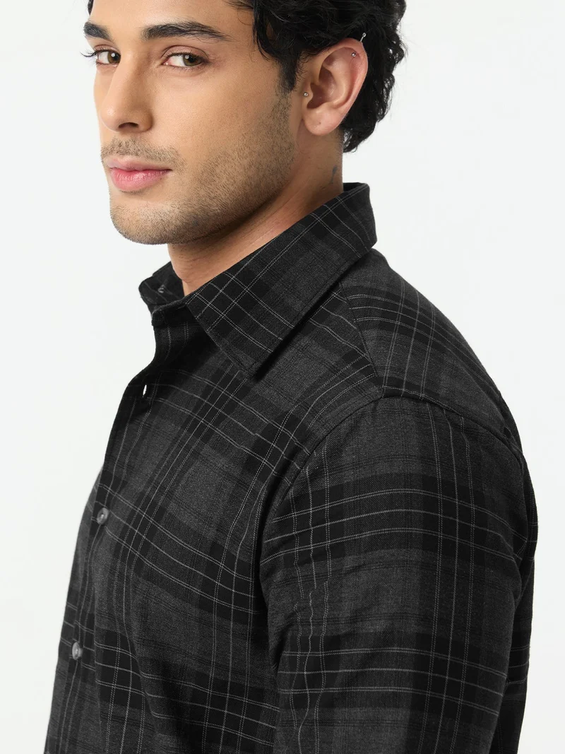 The Souled Store  The Souled Store: Phantom Men and Boys Long Sleeve Spread Collar Black Plaid Cotton Blend Regular Shirt  | Best Price UAE