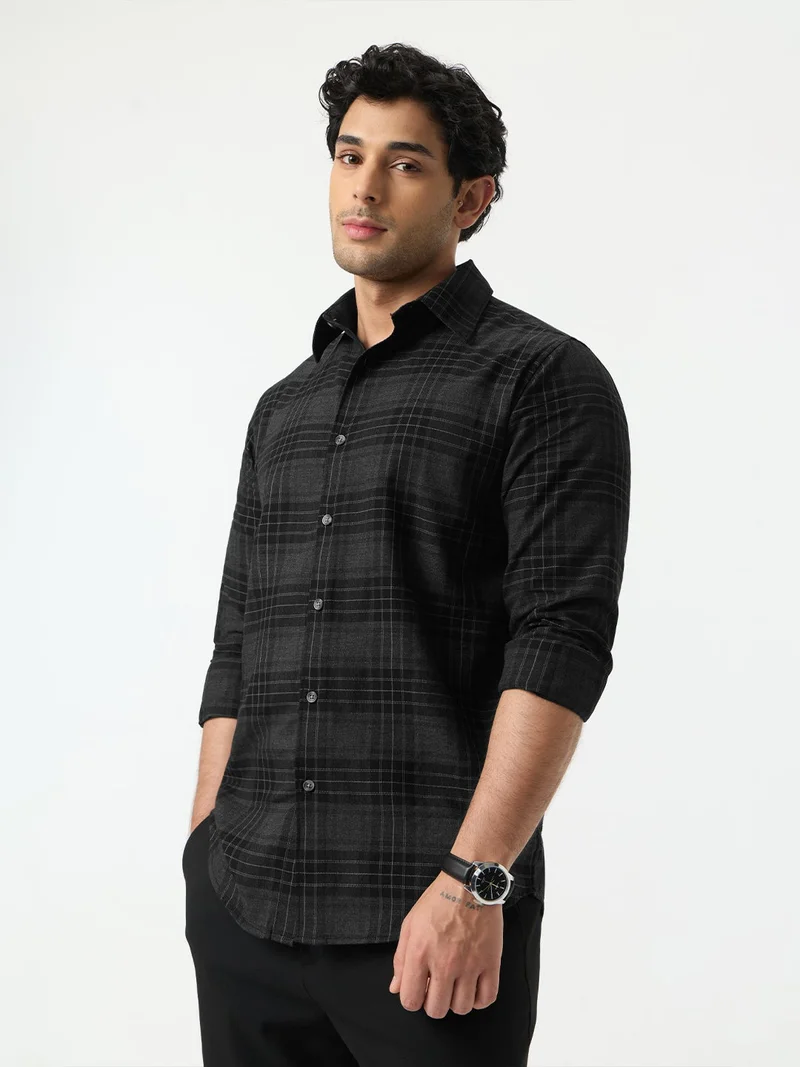 The Souled Store The Souled Store: Phantom Men and Boys Long Sleeve Spread Collar Black Plaid Cotton Blend Regular Shirt