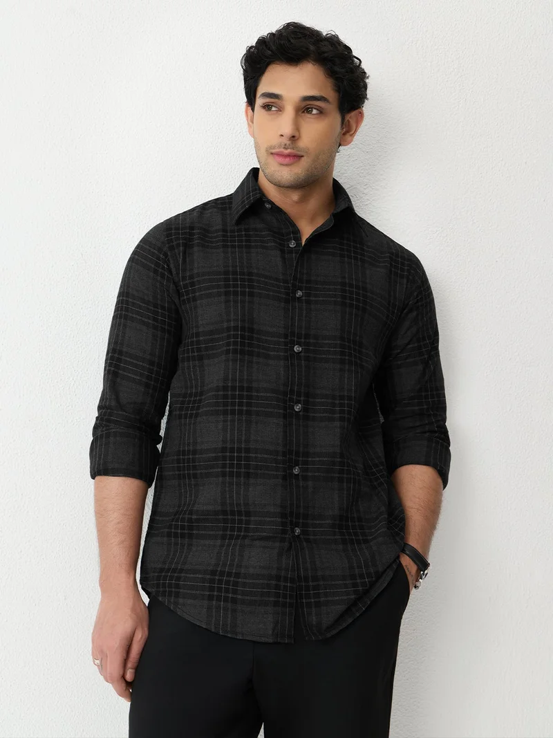 The Souled Store  The Souled Store: Phantom Men and Boys Long Sleeve Spread Collar Black Plaid Cotton Blend Regular Shirt  | Best Price UAE