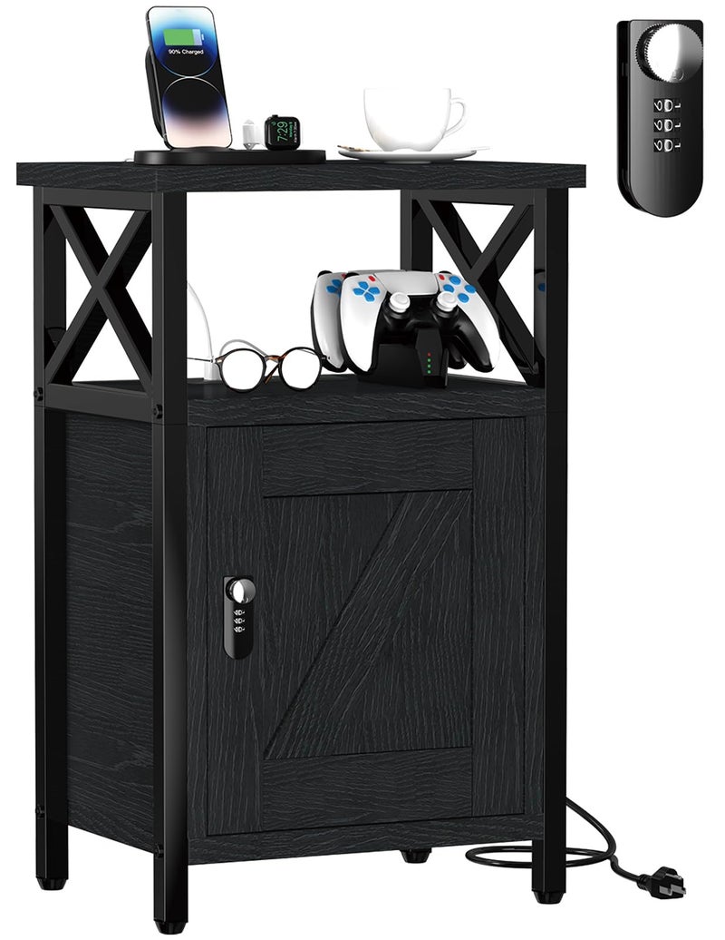 runjuly Wooden Nightstand with Charging Station, Bed Side Table with Drawers, Bedside Table with Lock, 3 USB & 2 Outlets, Night Stand with Cabinet Storage, End Table for Bedroom, Black - Image 1