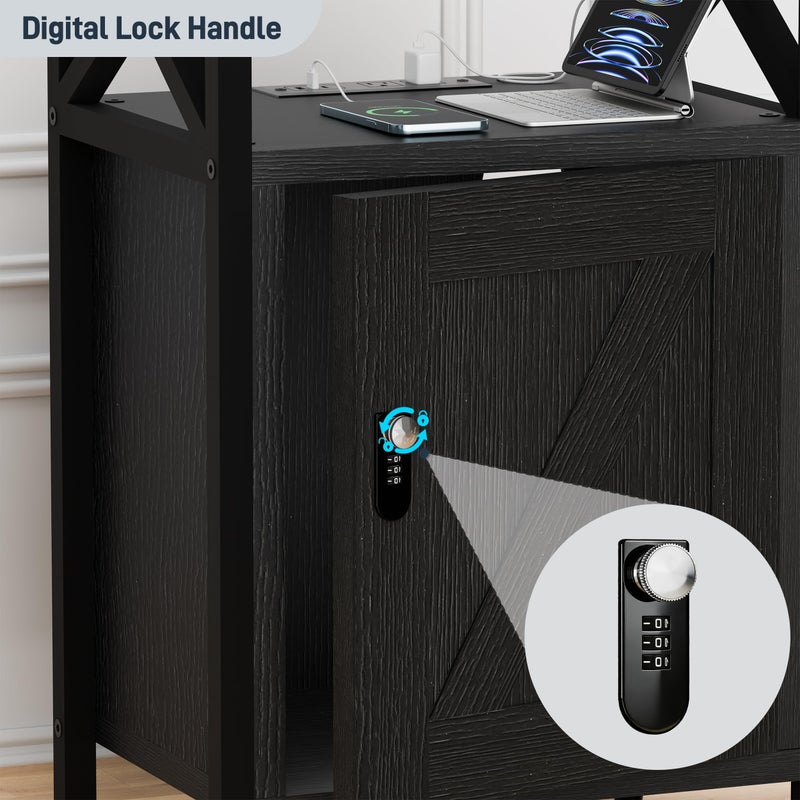 runjuly Wooden Nightstand with Charging Station, Bed Side Table with Drawers, Bedside Table with Lock, 3 USB & 2 Outlets, Night Stand with Cabinet Storage, End Table for Bedroom, Black - Image 5