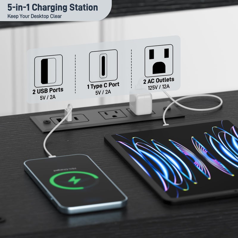 runjuly Wooden Nightstand with Charging Station, Bed Side Table with Drawers, Bedside Table with Lock, 3 USB & 2 Outlets, Night Stand with Cabinet Storage, End Table for Bedroom, Black - Image 4